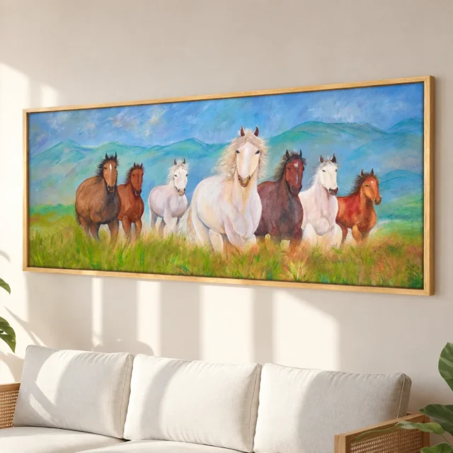 Original Seven Running Horses painting with horses running through a green meadow and mountain landscape
