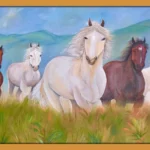 Original Seven Running Horses painting with horses running through a green meadow and mountain landscape