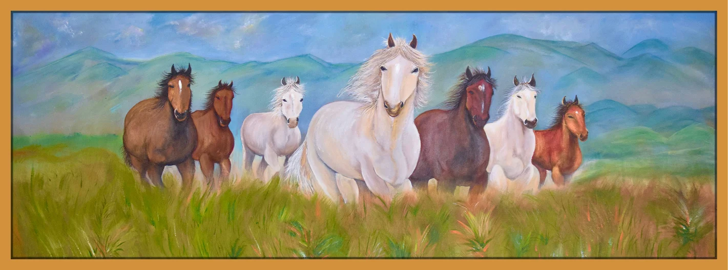Original Seven Running Horses painting with horses running through a green meadow and mountain landscape