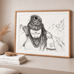 Pen and ink drawing of Lord Shiva in meditation with eyes closed, third eye, coiled jata, serpent and trishul before Himalayan peaks