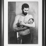 Charcoal drawing of a bearded father standing in a doorway holding his sleeping baby across his forearms