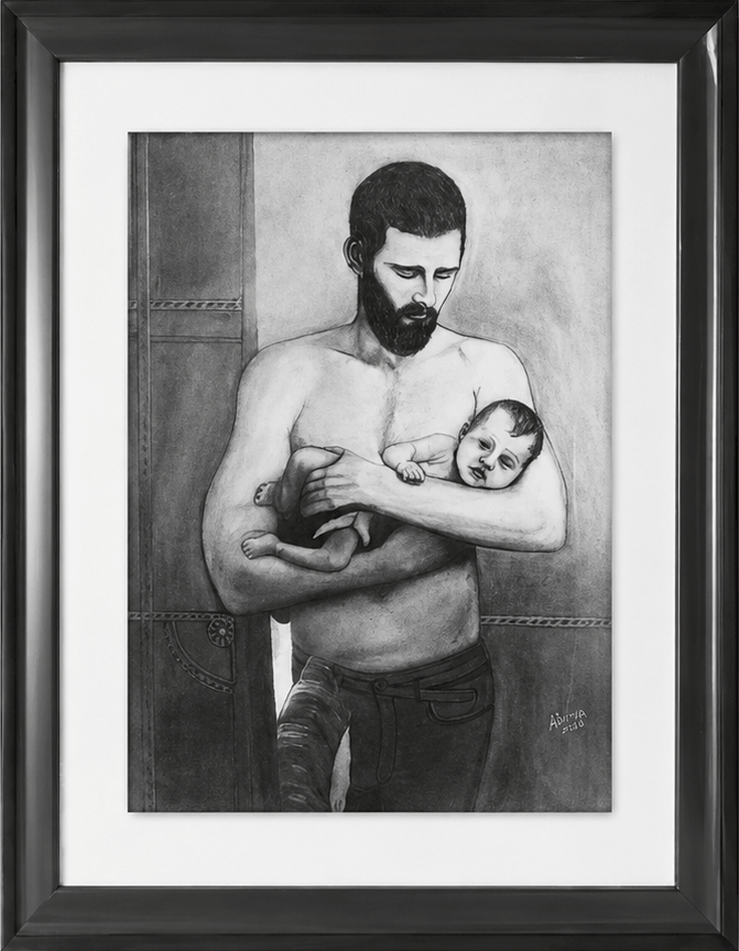 Charcoal drawing of a bearded father standing in a doorway holding his sleeping baby across his forearms