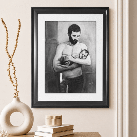Charcoal drawing of a bearded father standing in a doorway holding his sleeping baby across his forearms