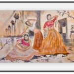 Watercolour painting of three women reclining in a classical courtyard with columns, in sepia, gold and rose tones