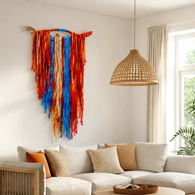 Fibre installation artwork of colourful red, gold and blue dyed strands hanging from a hand-wound branch, titled Rebirth of Peace