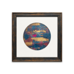 Pair of circular abstract paintings in teal, magenta and gold, framed in dark wood with white circular mounts