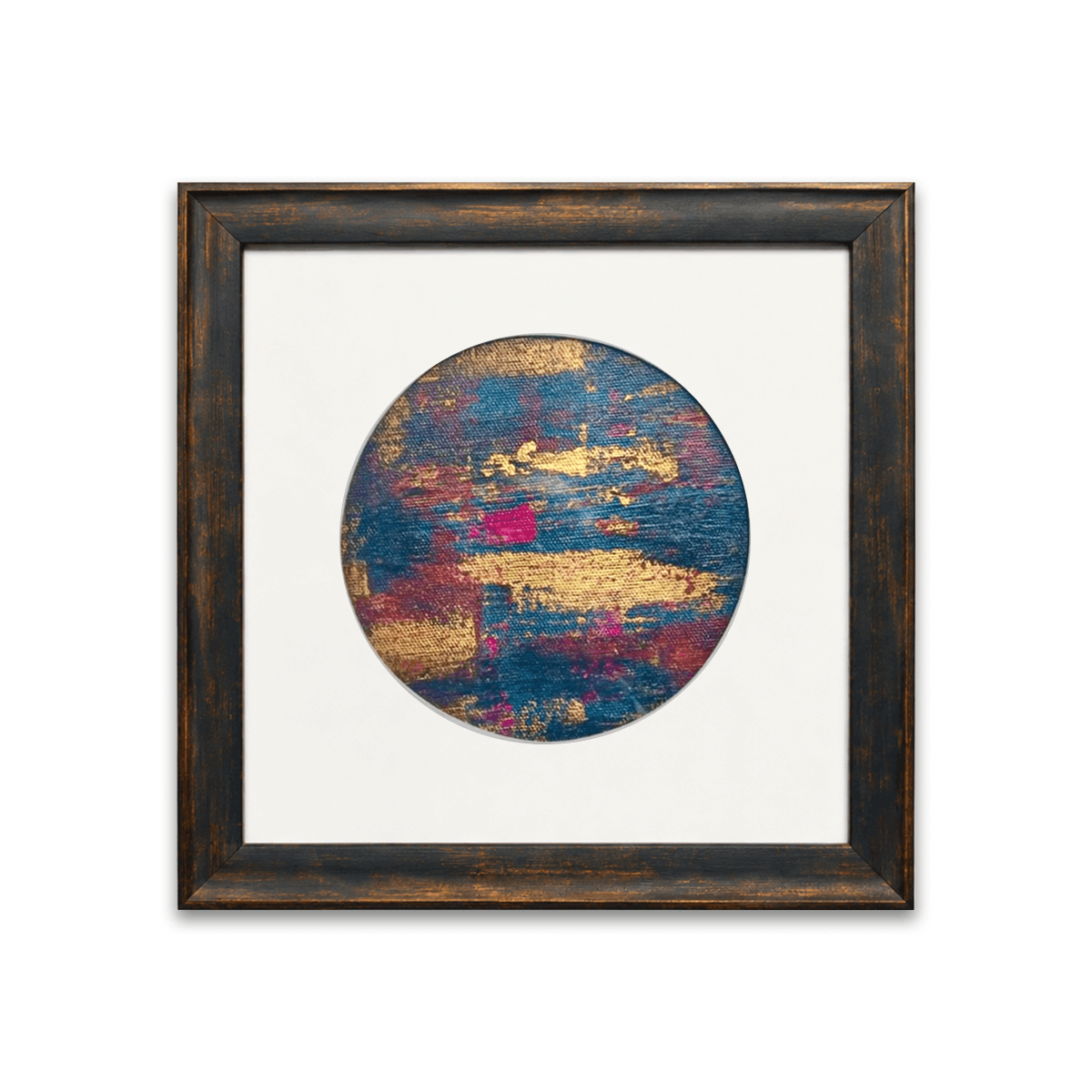 Pair of circular abstract paintings in teal, magenta and gold, framed in dark wood with white circular mounts