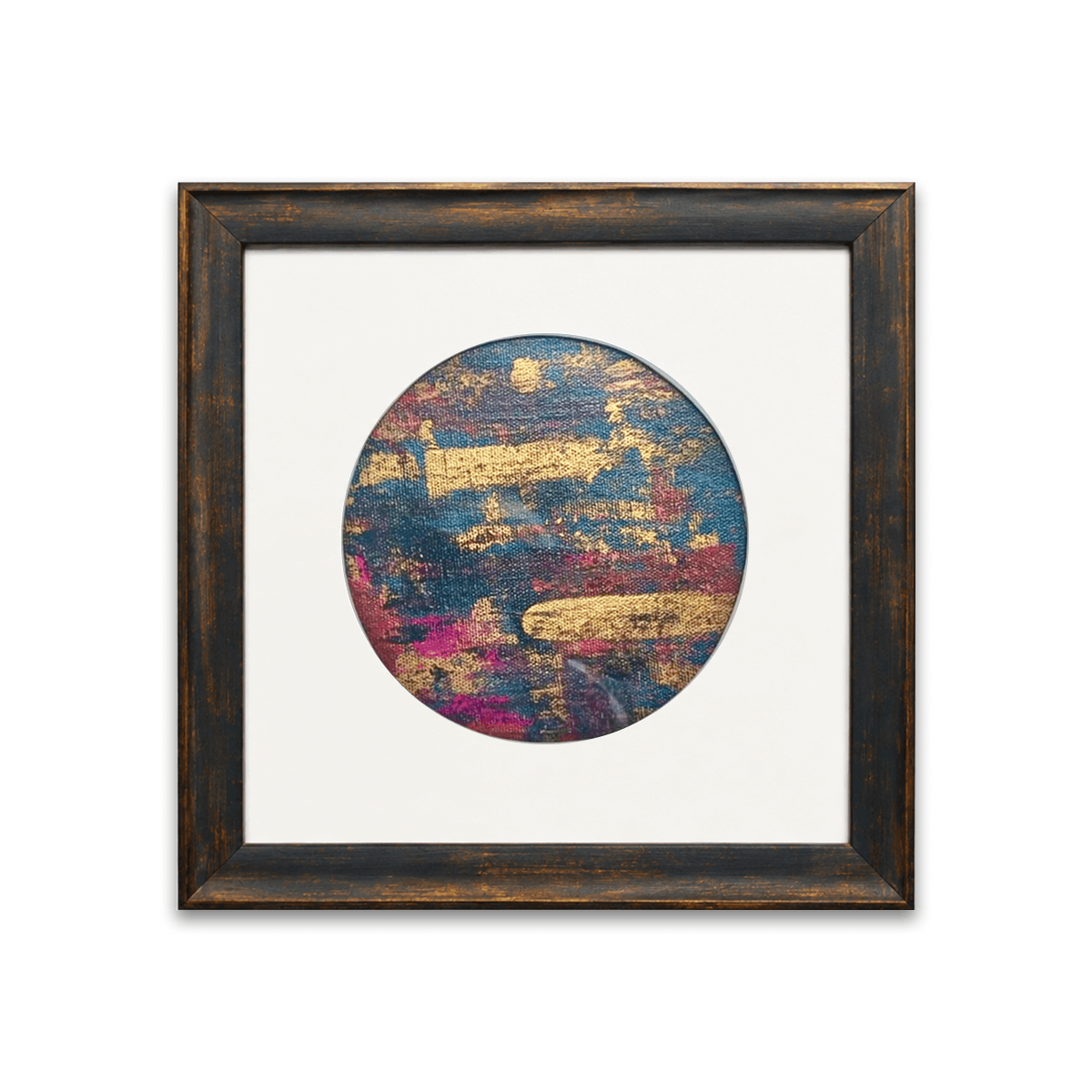 Pair of circular abstract paintings in teal, magenta and gold, framed in dark wood with white circular mounts