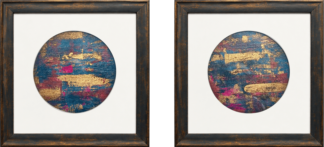 Pair of circular abstract paintings in teal, magenta and gold, framed in dark wood with white circular mounts