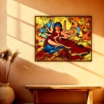 Acrylic painting titled Balance of a many-armed faceless woman in red and gold, symbolising married women balancing family and self