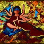 Acrylic painting titled Balance of a many-armed faceless woman in red and gold, symbolising married women balancing family and self