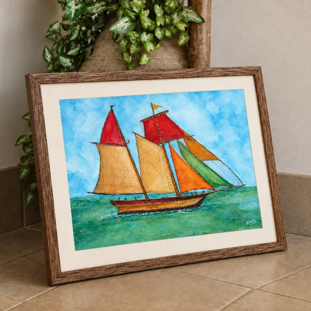 Watercolour painting of a schooner with red, gold, orange and green sails crossing a green sea under a blue sky