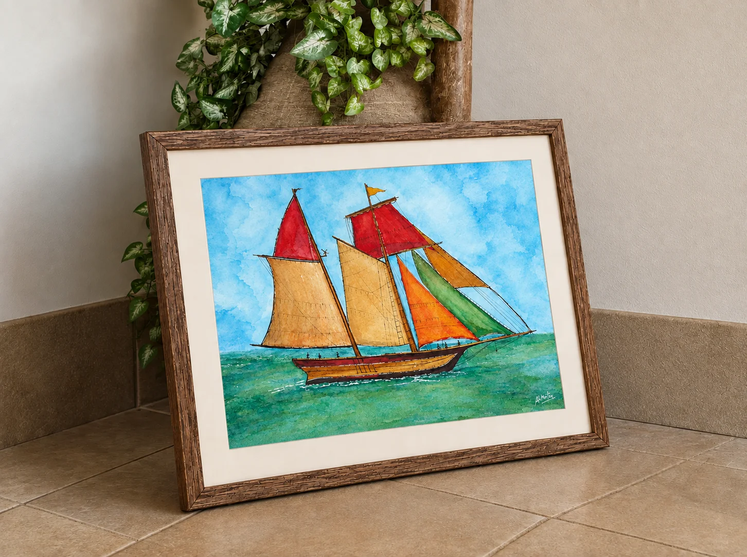 Watercolour painting of a schooner with red, gold, orange and green sails crossing a green sea under a blue sky