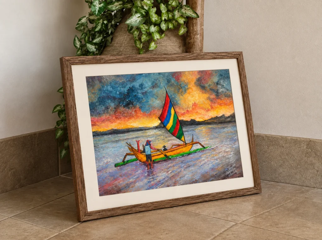 Watercolour painting of an outrigger sailboat with a striped rainbow sail against an orange sunset sky