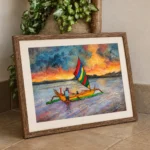 Watercolour painting of an outrigger sailboat with a striped rainbow sail against an orange sunset sky