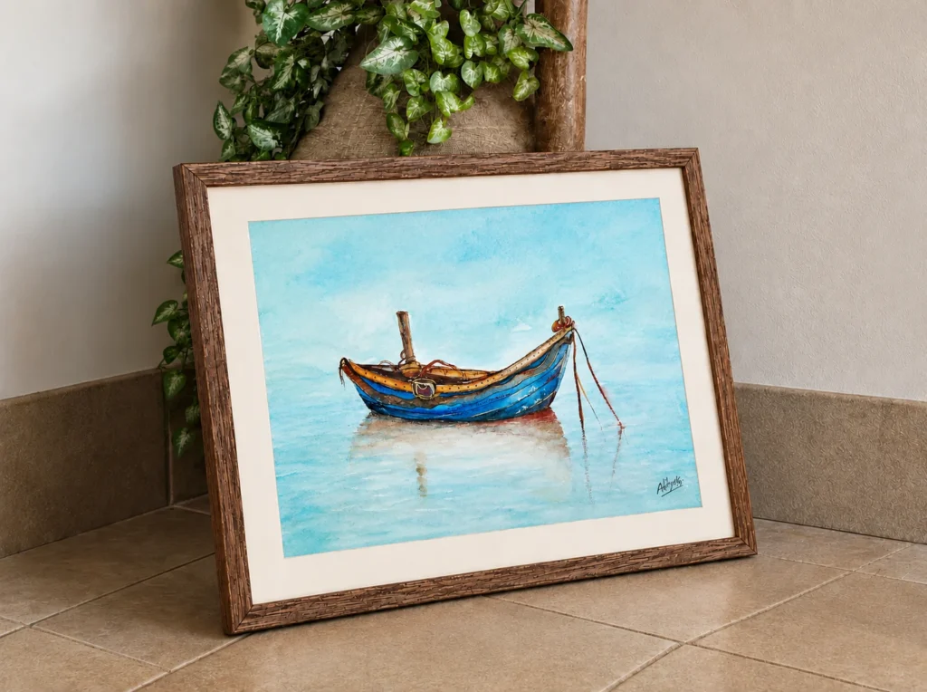 Watercolour painting of a blue and ochre fishing boat at anchor on still pale blue water