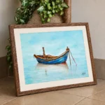 Watercolour painting of a blue and ochre fishing boat at anchor on still pale blue water