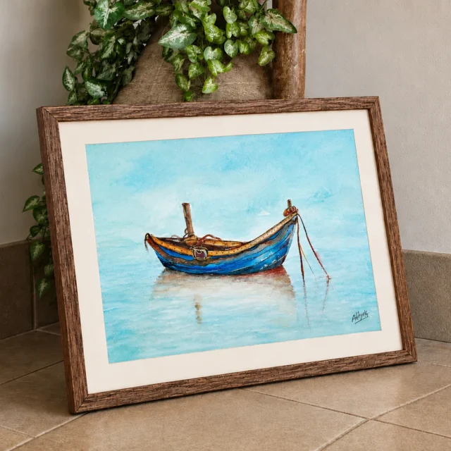 Watercolour painting of a blue and ochre fishing boat at anchor on still pale blue water