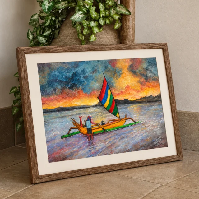 Watercolour painting of an outrigger sailboat with a striped rainbow sail against an orange sunset sky