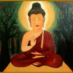 Acrylic painting of the Buddha seated in meditation with a golden halo, one hand raised in abhaya mudra, surrounded by dark trees