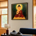 Acrylic painting of the Buddha seated in meditation with a golden halo, one hand raised in abhaya mudra, surrounded by dark trees