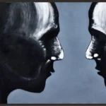 Acrylic painting of two faces in black profile facing each other across a slate blue background