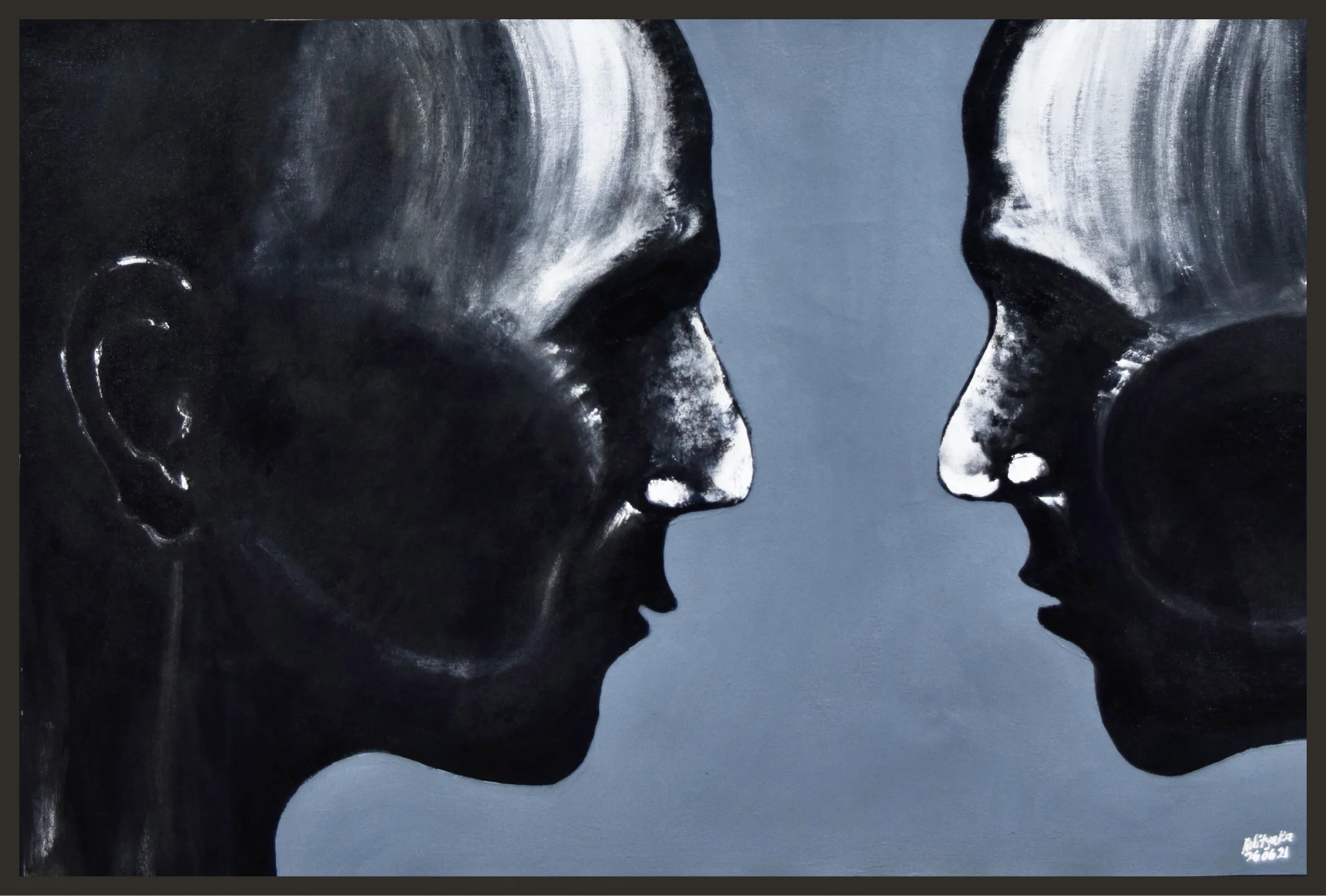 Acrylic painting of two faces in black profile facing each other across a slate blue background