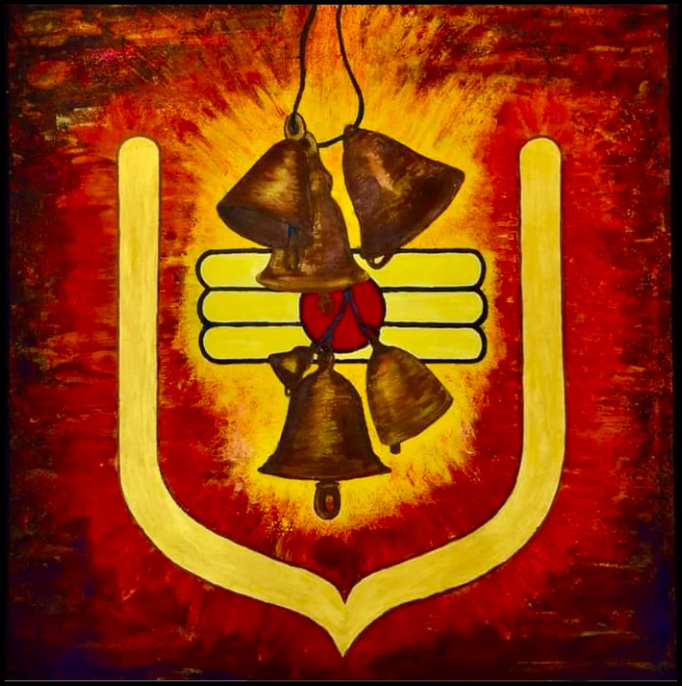 Acrylic painting of brass temple bells hanging across a gold tripundra mark on a red and orange background