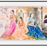 Watercolour painting of three women in bridal lehengas in pink, ivory and blue, seated in a soft interior with a mirror