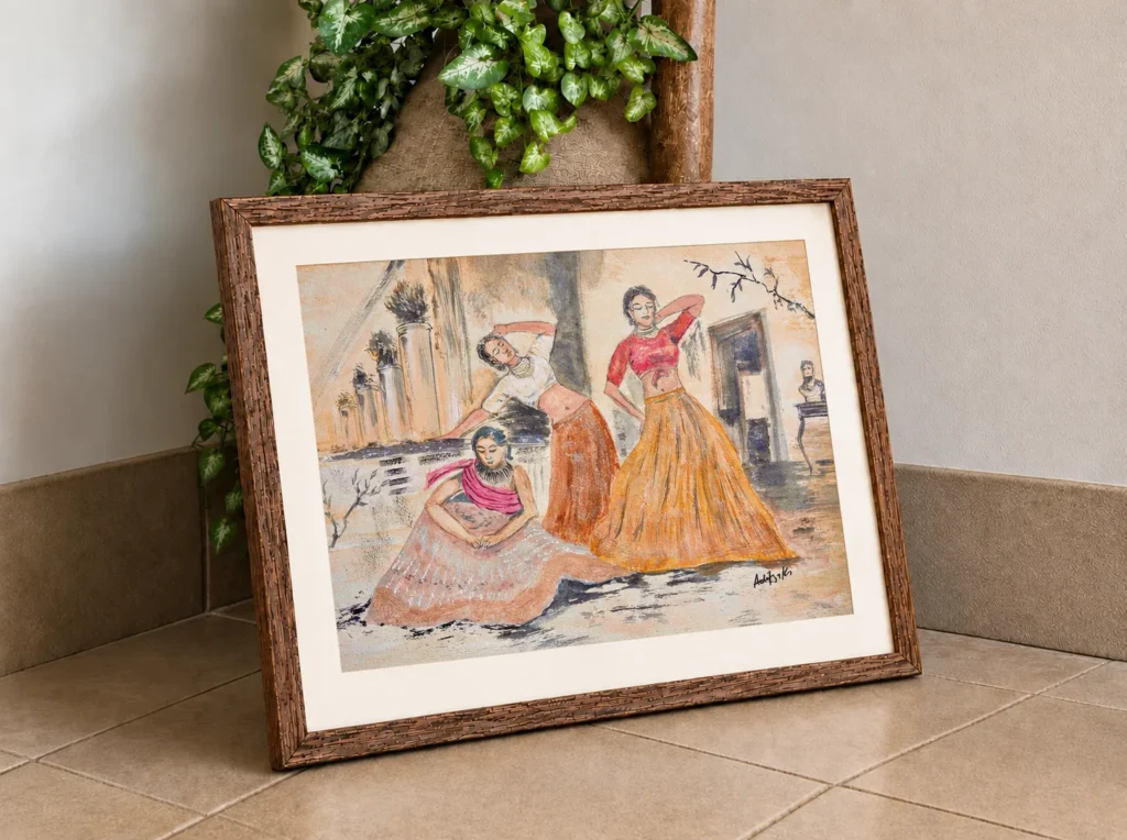 Watercolour painting of three women reclining in a classical courtyard with columns, in sepia, gold and rose tones