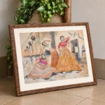 Watercolour painting of three women reclining in a classical courtyard with columns, in sepia, gold and rose tones