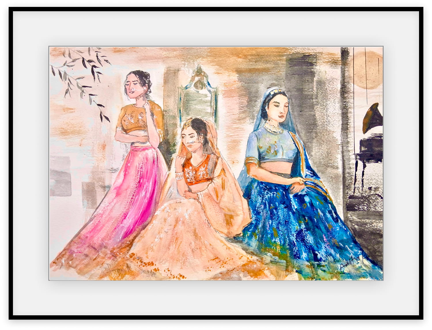 Watercolour painting of three women in bridal lehengas in pink, ivory and blue, seated in a soft interior with a mirror