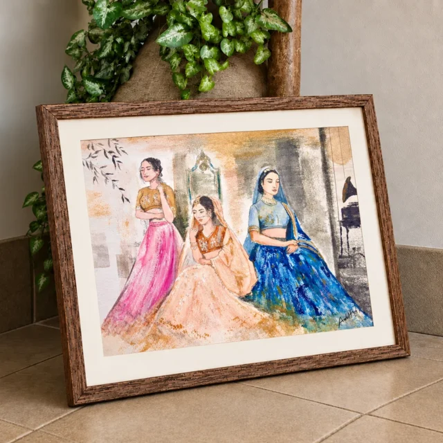 Watercolour painting of three women in bridal lehengas in pink, ivory and blue, seated in a soft interior with a mirror