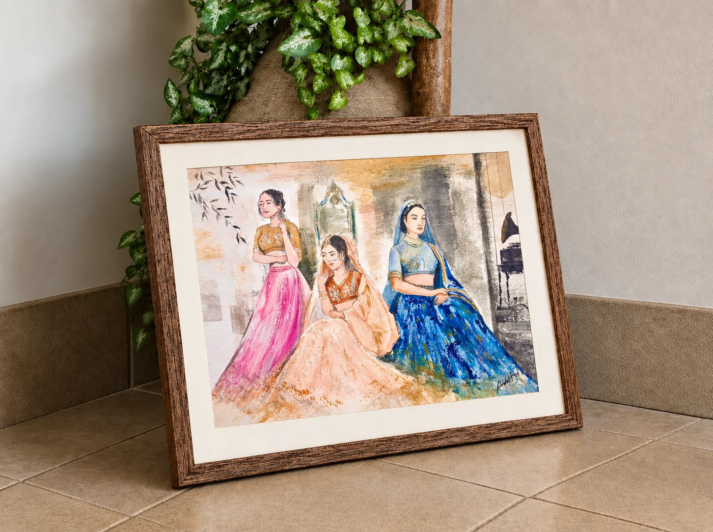 Watercolour painting of three women in bridal lehengas in pink, ivory and blue, seated in a soft interior with a mirror