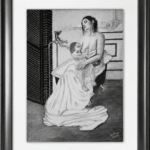 Charcoal drawing of a seated mother feeding her baby, with white drapery falling to the floor