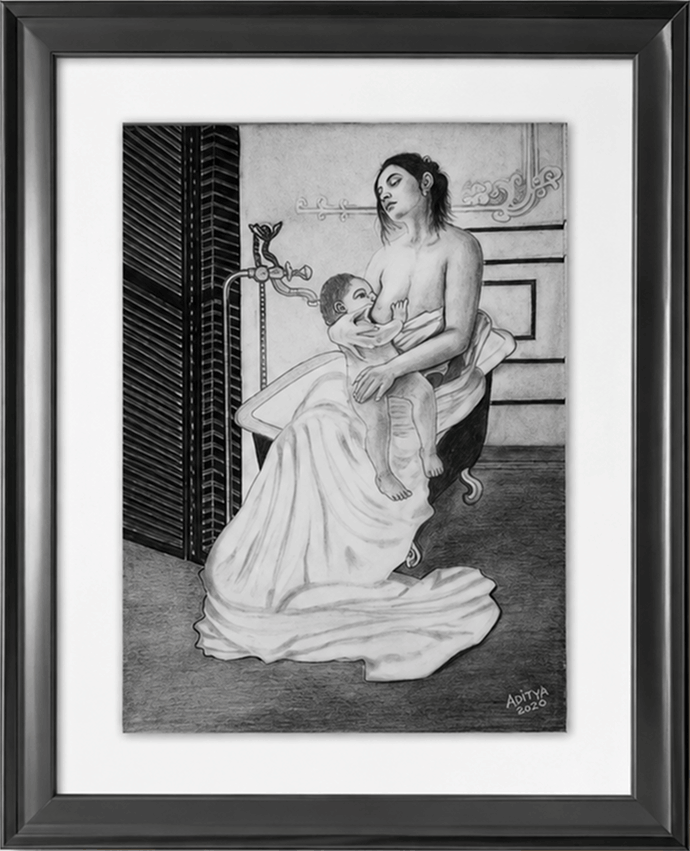 Charcoal drawing of a seated mother feeding her baby, with white drapery falling to the floor