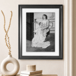 Charcoal drawing of a seated mother feeding her baby, with white drapery falling to the floor