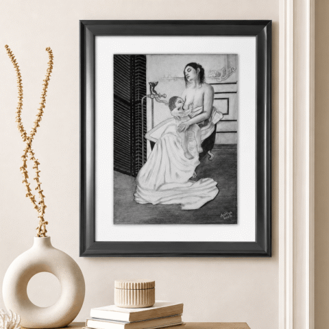 Charcoal drawing of a seated mother feeding her baby, with white drapery falling to the floor