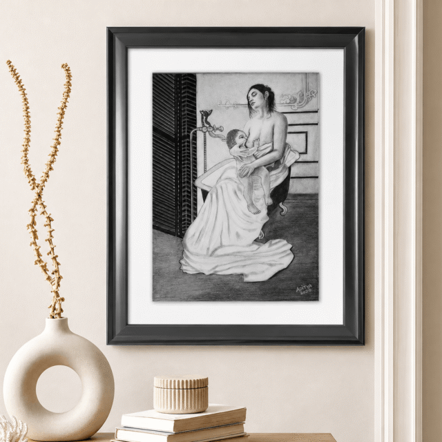Charcoal drawing of a seated mother feeding her baby, with white drapery falling to the floor