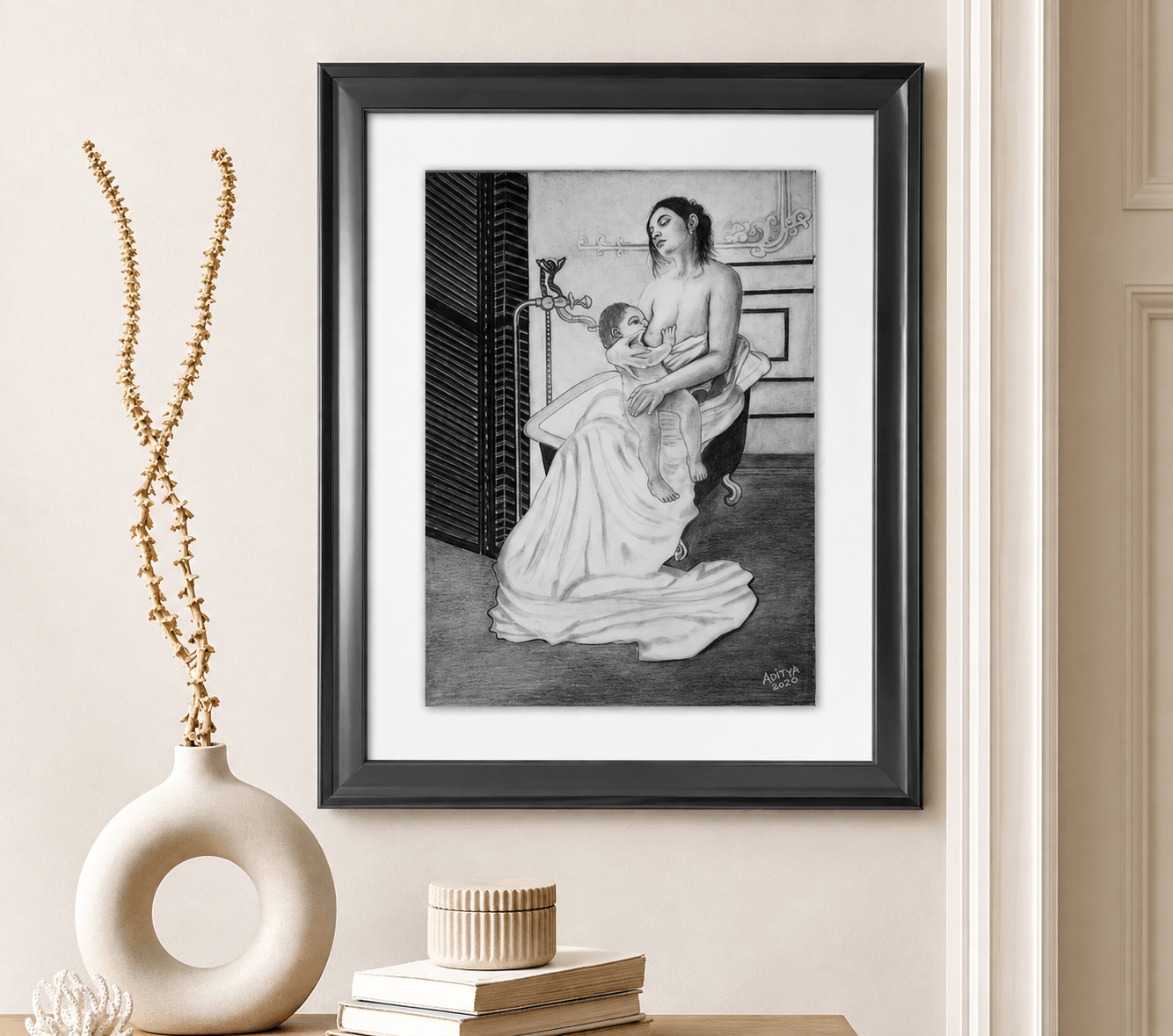 Charcoal drawing of a seated mother feeding her baby, with white drapery falling to the floor