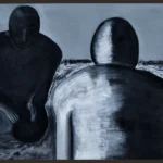 Acrylic painting of two figures in black and white, one seated with head bowed and one kneeling with back turned