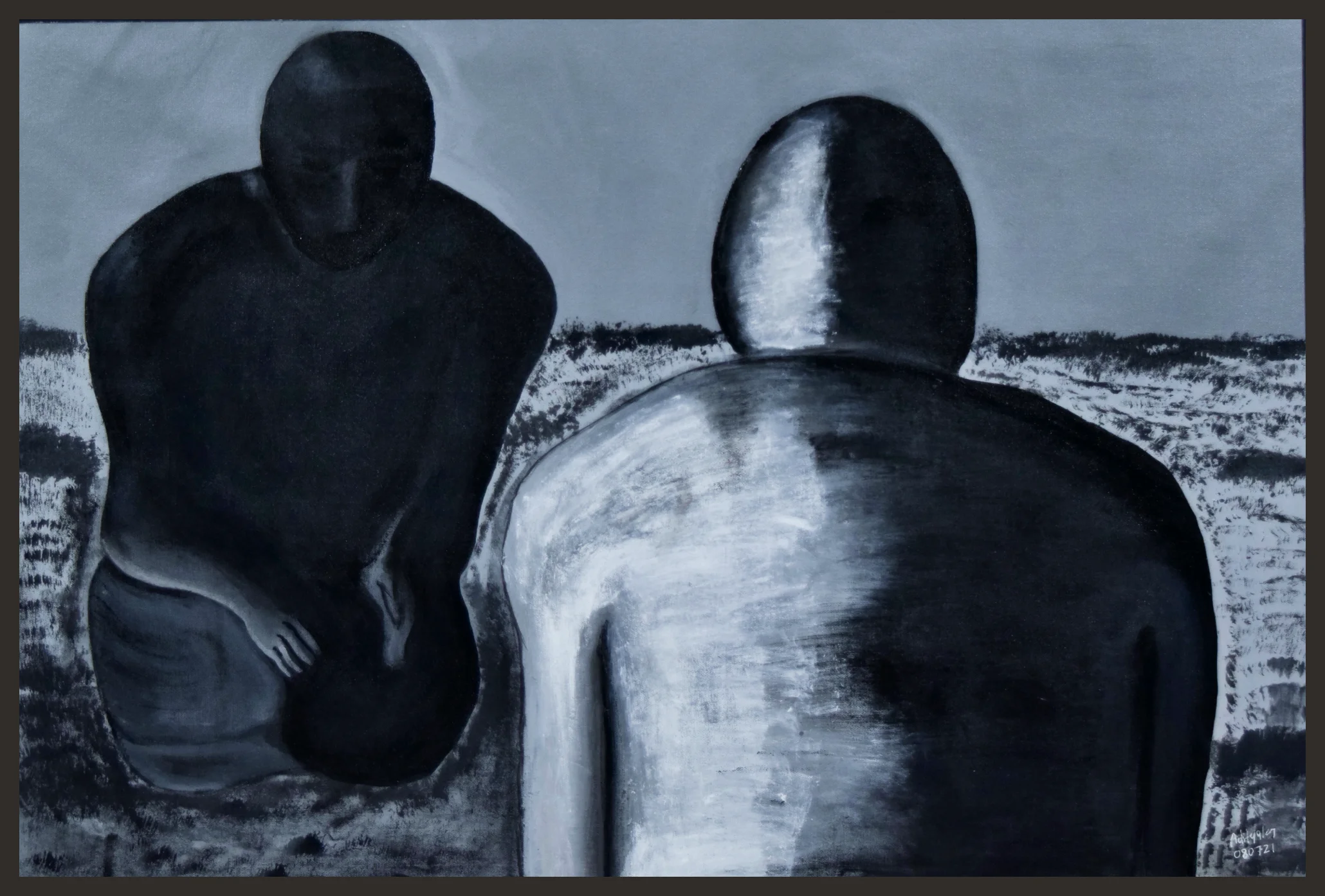 Acrylic painting of two figures in black and white, one seated with head bowed and one kneeling with back turned