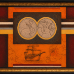 Acrylic painting of a double hemisphere world map in gold with a galleon and compass rose below, on rust and oxblood bands