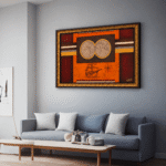 Acrylic painting of a double hemisphere world map in gold with a galleon and compass rose below, on rust and oxblood bands