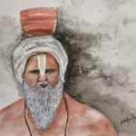 Watercolour portrait of a sadhu with a white beard, tilak mark, wrapped turban and saffron robe