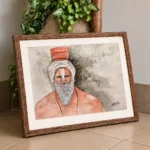 Watercolour portrait of a sadhu with a white beard, tilak mark, wrapped turban and saffron robe
