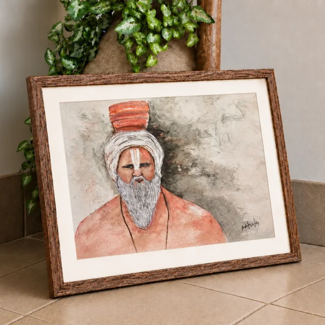 Watercolour portrait of a sadhu with a white beard, tilak mark, wrapped turban and saffron robe