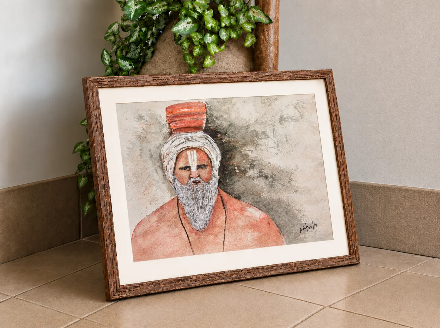 Watercolour portrait of a sadhu with a white beard, tilak mark, wrapped turban and saffron robe