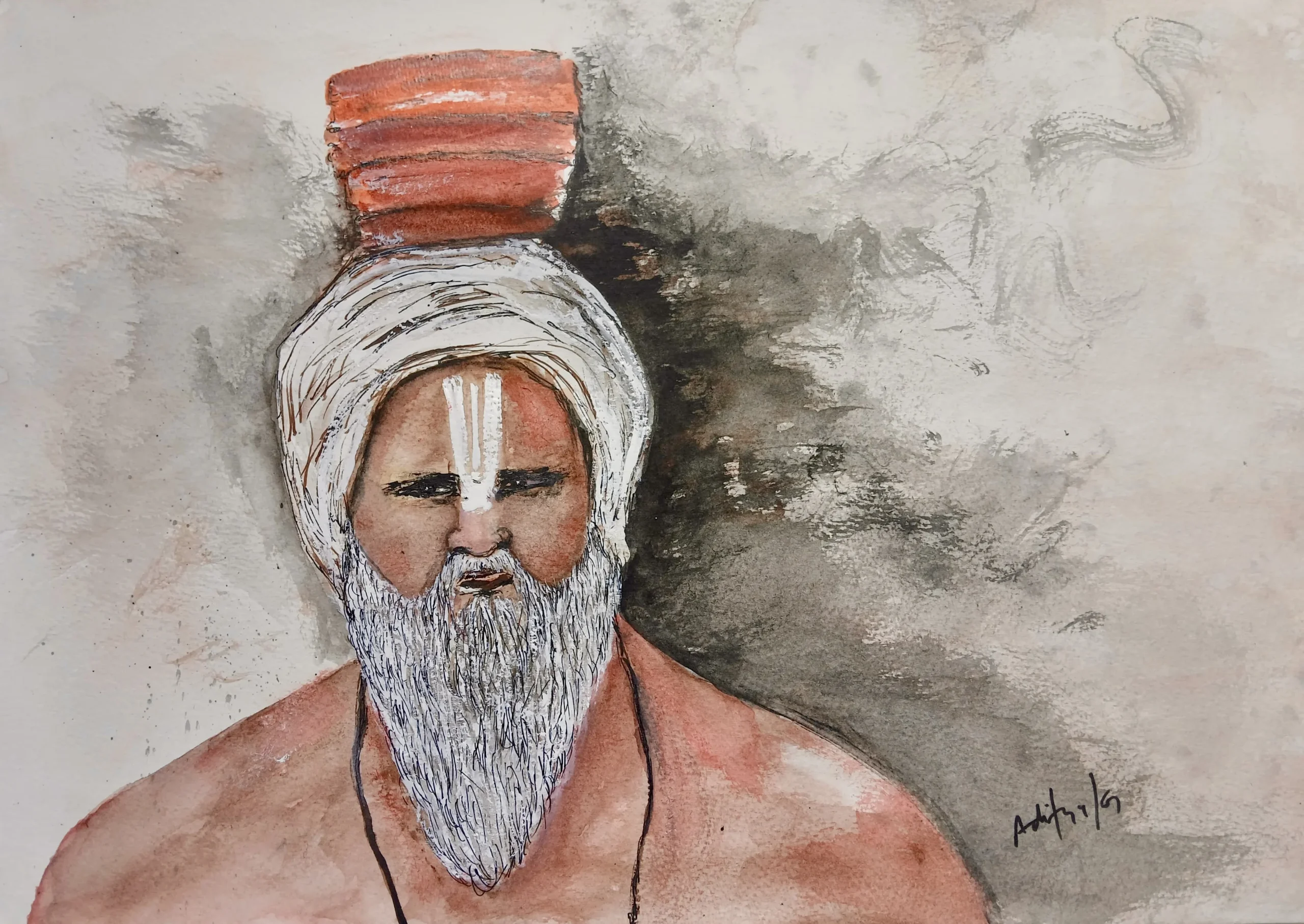 Watercolour portrait of a sadhu with a white beard, tilak mark, wrapped turban and saffron robe