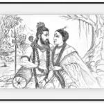 Pen and ink drawing of Shiva and Parvati seated together on Kailash, turned toward each other, with trishul and forest behind